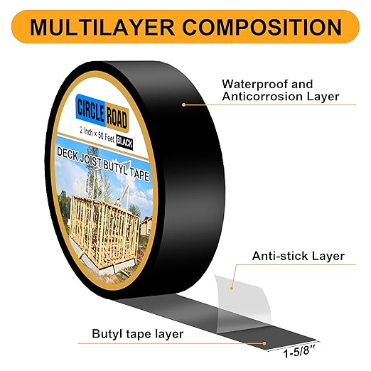 Joist Tape for Decking 2'' X 50', 8 Rolls Weatherproof Butyl Tape for Wood Decks Beams Roof, Flashing Tape Anti-Corrosion Weather Resistant Black Deck Joist Tape Outdoor Patio Repair