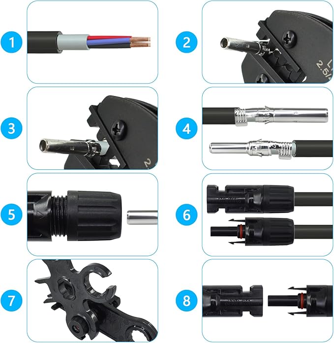 Heavy Duty Solar Cable Crimping Tool Kit, 6 Pairs Solar Panel Connectors, 1Pcs Solar Cable Crimper,1Pcs straight and Cross Spanner Wrenches, Solar Wire Crimping Tool for PV Cable Installation