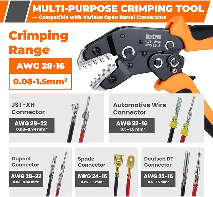 5-in-1 Wire Crimping Tool, AWG 28–16 Ratcheting Crimper for Non-Insulated Open Barrel Terminals – Fits Deutsch, Delphi, AMP, JST, Dupont, Molex, TE & More Automotive Wire Connectors