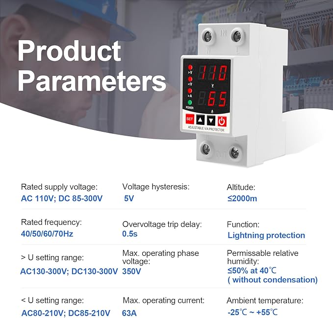 Adjustable V/A Protector Over/Under Voltage & Overcurrent Protection Intelligent Relay Reset Protector Voltage Output Stabilizer for Home Office Appliance, AC110V DC85-300V 63A, Din Rail Mount