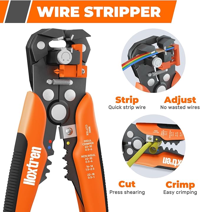 Wire Stripper and Crimping Tool, AWG 24-10 Self-Adjusting Stripper Tool with AWG 22-10 Ratcheting Wire Terminal Crimper for Heat Shrink Wire Connectors