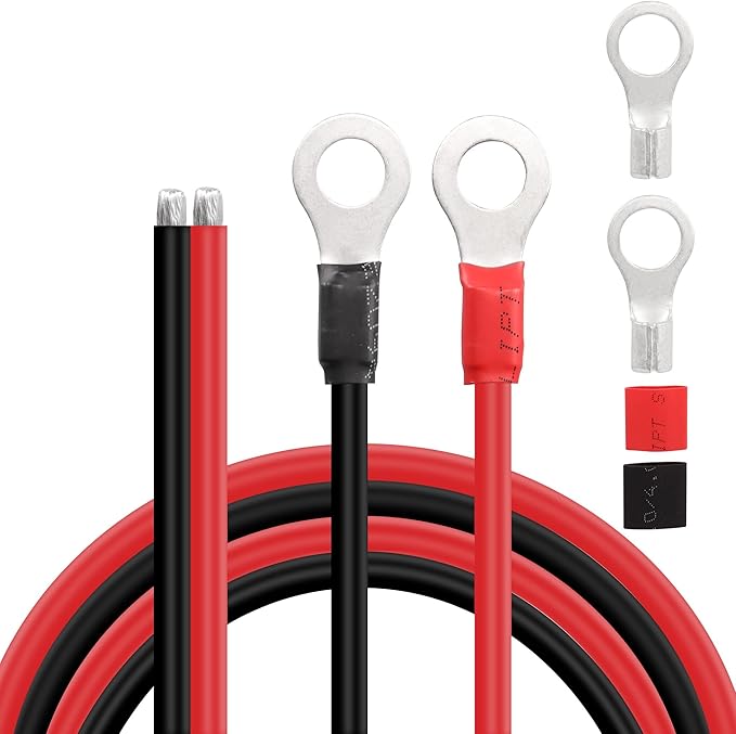 Solar Battery Cables 10 Gauge Power Inverter Cables with 3/8" Ring Terminals 10AWG Wire Tinned Copper Tray Extension Cable for Solar,RV,Auto Car,Boat (1M)