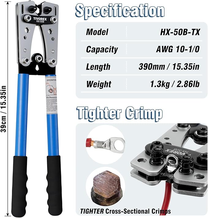 Battery Cable Lug Crimping Tool for AWG 10-1/0 Electrical Lug, with Cable Cutter 64pcs Ring Terminals and 70pcs Heat Shrink Tubing