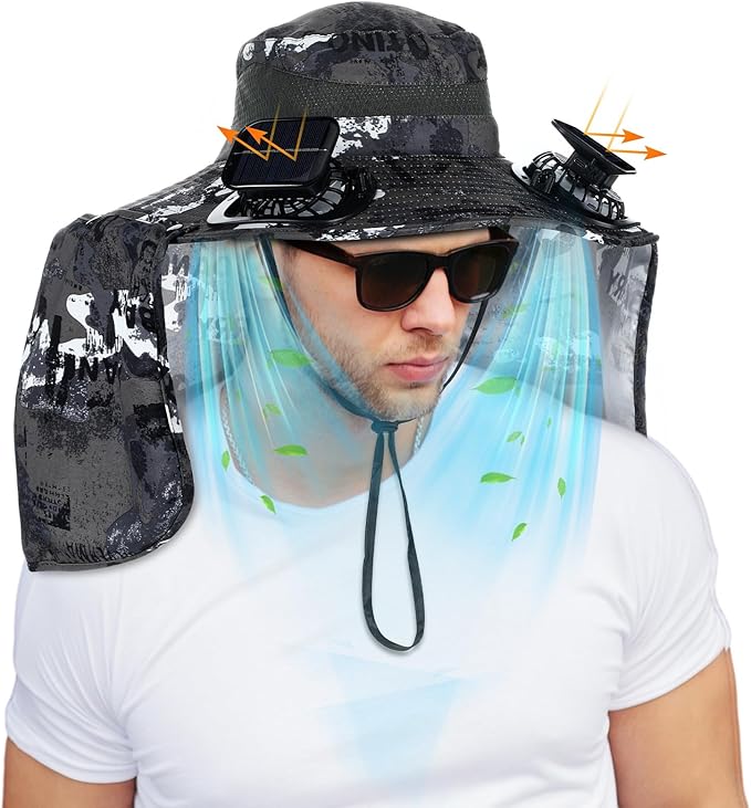Chuarry Wide Brim Sun Hat with 2 Fan Outdoor Solar Powered USB Charging Fishing Hat with Neck Flap for Men Women