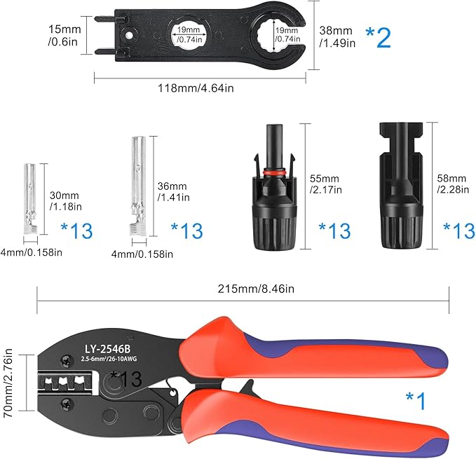 55PCS Solar Crimping Tool Kit - 1 Crimper Stripper Tool 2 PCS Spanner Wrenches 13 Pairs Solar Connectors 13 Pairs Connector Pins for for 2.5/4/6mm² Solar Panel Cable Assembly & Installation