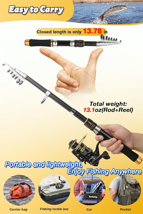 Fishing Pole Combo Set, 6.89ft Fishing Rod and Reel Combo, Carbon Fiber Telescopic Fishing Rod Kit with Spinning Reel, Fishing Pliers, Lip Gripper, Line, Lures for Beginner Angler