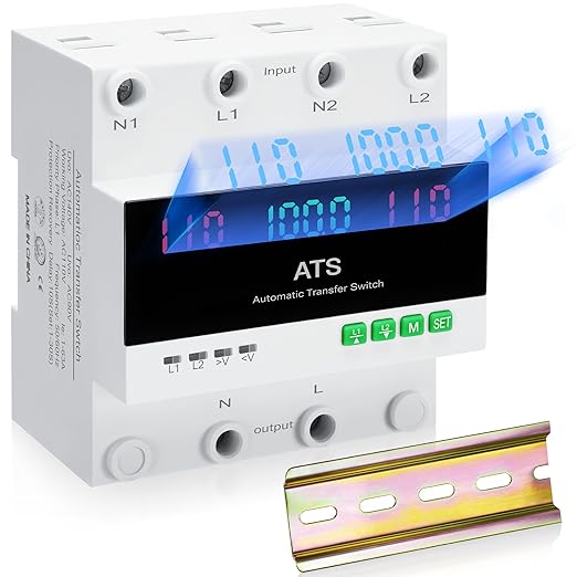 100amp AC110V Automatic Transfer Switch with LED Display, 50/60Hz 2P ATS Auto Dual Power Outdoor Changeover Switch for Home Generator,L1 Priority Din Rail Mount CE Certified Selector Transfer Switches