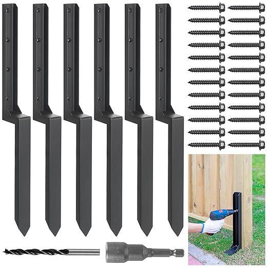 Heavy Duty Steel Fence Post Repair Stakes, Fence Post Anchor Ground Spike, for Repair Tilted/Broken Wood (6 Pack/Black