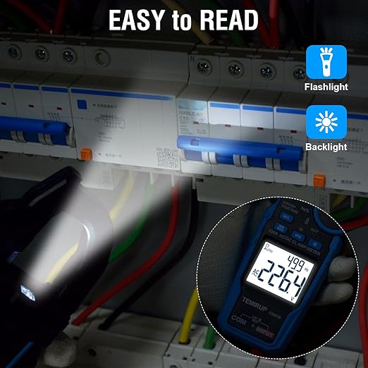 Digital Clamp Meter Multimeter - TEMIRUP Auto-ranging 6000 Counts Amp Voltage Tester with D-Shaped Jaw VFD Mode, Measuring NCV, AC/DC Voltage AC Current Temperature Capacitance Resistance Continuity