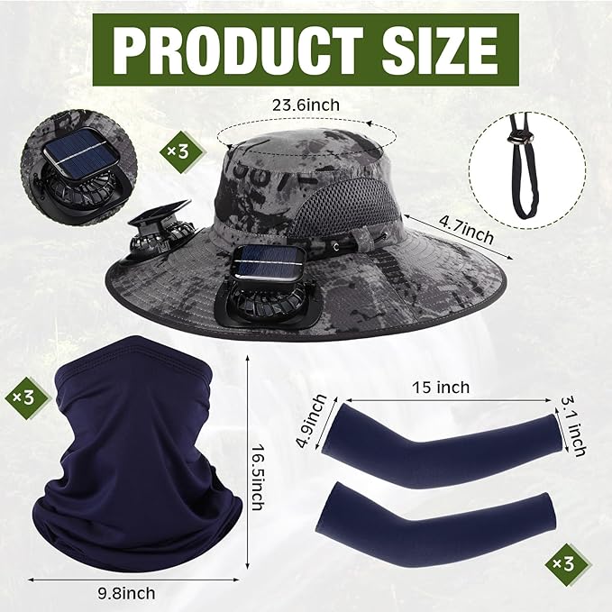 Syhood Solar Powered Fan Hat with Arm Sleeves Neck Gaiter for Men Women Outdoor Wide Brim Bucket Hat with Fan for Hiking