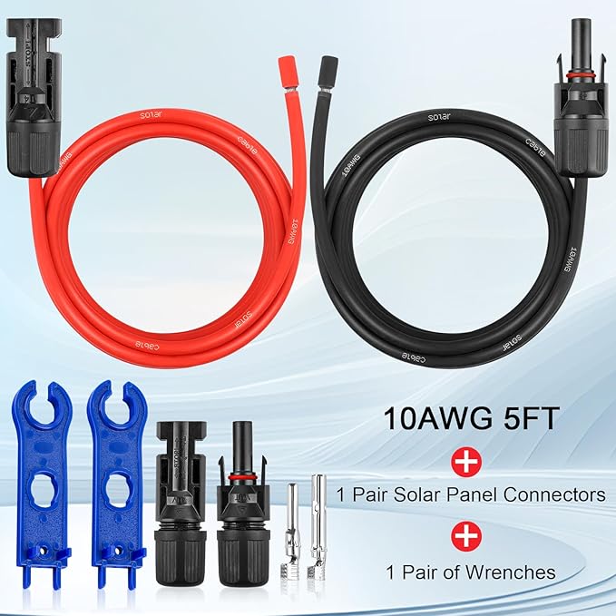 10AWG Solar Extension Panel Cable - 5FT Solar Wire with Waterproof Female and Male Connector and Solar Panel Adaptor Kit Tool PV Wire for RV, Home, Boat, Solar Panels(5Feet Red + 5Feet Black)