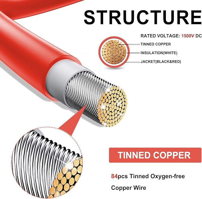 Twin Wire 20FT Solar Extension Cable - 10AWG (6mm²) Solar Panel Connector, with 4 Pairs-IP67-Male/Female Solar connectors for Outdoor Automotive RV Boat Marine Solar Panel- Black & Red