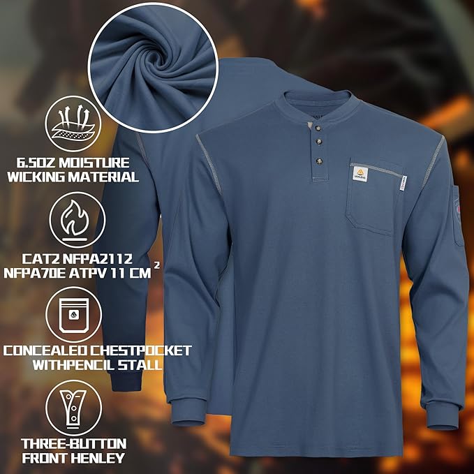 FR Shirts for Men CAT2/HRC2 Flame Resistant Shirts 6.5oz Light Weight Long Sleeve Fire Retardant Shirts