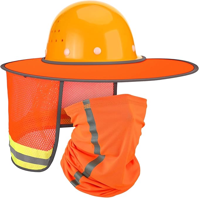SATINIOR 2 Pcs Sun Hard Hat Neck Protection High Visibility Full Brim Mesh Sun Protection and Neck Gaiter Bandana Face Scarf for Construction Helmet Hard Hat Accessories, Reflective(Orange)