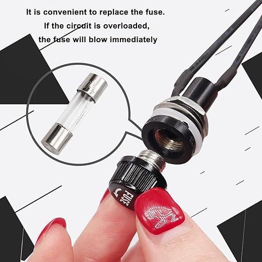 Tnisesm 5 Pcs Panel Mounted 5x20mm Screw Cap Fuse Holder with Pre-Soldered Wires AC 250V 10A/AC 125V 15A with 10 Pcs Glass Tube Fuse(10A+15A)