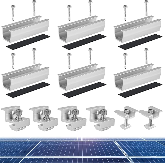 Solar Panel Mounting Brackets, 6 Pcs Aluminum Solar Panel Bracket Kit with Mounting Rails Mid & End Clamps, Solar Panel Mount for Rooftop Tin Flat Metal Roof RV Boat PV Modules Fixing Installation