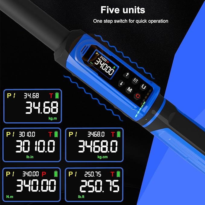 Digital Torque Wrench 1/2" Drive 3.8-250.8FT.LB (5-340Nm),Electronic Torque Wrench ±1% High Accuracy,5 Units LCD with Buzzer & LED Alerts For Car Bike Moto Truck