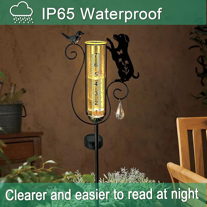 Outdoor rain Gauge Accurate Outdoor rain Gauge Garden rain Gauge with Black Dog and Bird Solar Light Stake Decorative rain Gauge for Garden Patio Lawn with Large Numbers 37 in Tall