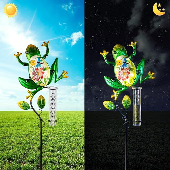Solar Rain Gauge Outdoor, Frog Rain Gauge, 7 Inch Tube Decorative Rain Measure Gauge with Metal Stake, Solar Powered Stained Glass Rain Measure Tool for Garden