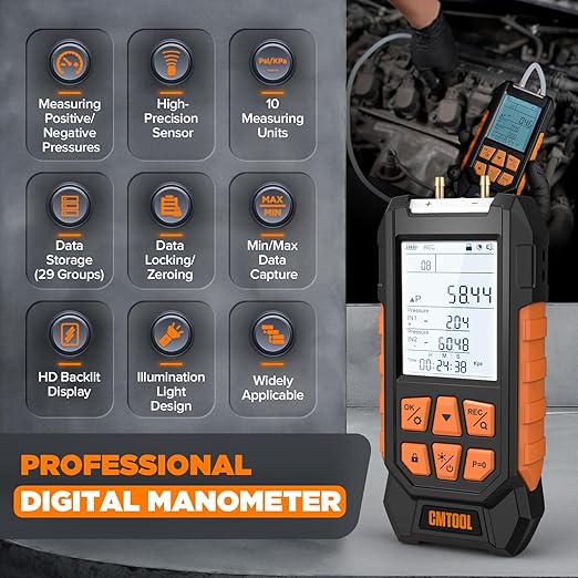 Manometer Gas Pressure Tester, Digital Manometer, -100-200Kpa, 10 Units Differential Pressure Gauge, Max/Min/Data Storage, 2-Port Tester for HVAC/Automotive Brake/Industrial/Lab Calibration (Regular)