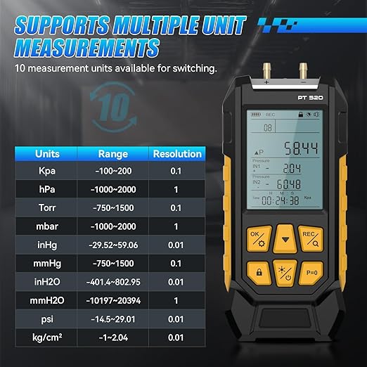 Manometer, Digital Manometer HVAC Dual Port Air Gas Pressure Tester Differential with 10 Units High Accuracy Value 29 Data Stores Backlight Display,-100~200Kpa,-1000~2000mbar