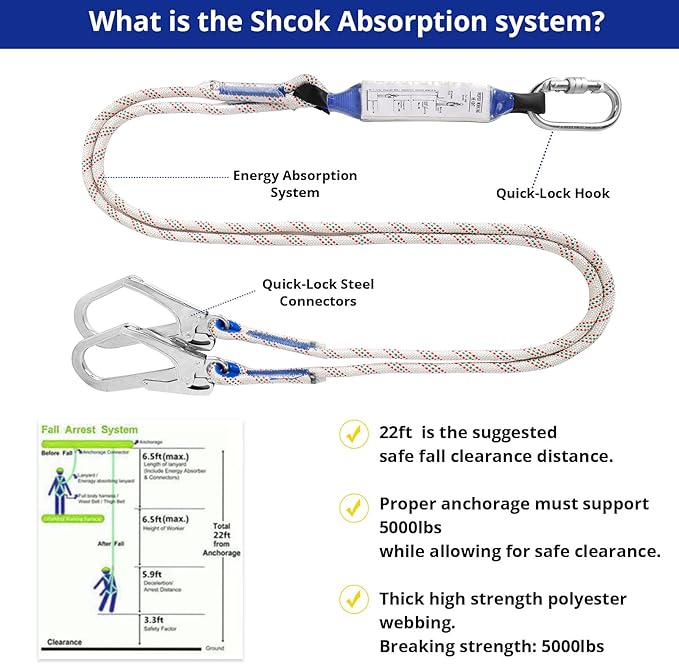 Safety Harness Fall Protection Kit - Full Body Roofing harnesses with Shock Absorbing Lanyard Upgrade Paded