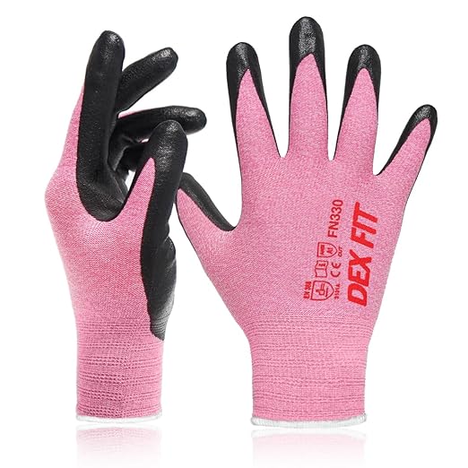 DEX FIT Nitrile Work Gloves FN330, 3 Pairs, 3D-Comfort Stretchy Fit, Firm Grip, Thin & Lightweight, Touch-Screen Compatible, Durable, Breathable & Cool, Machine Washable; Pink S (7)