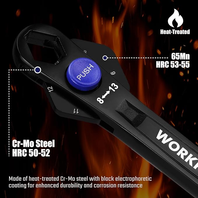 WORKPRO 12-in-1 Universal Wrench, Metric 8-19mm Adjustable Wrench with Heat-Treated Cr-Mo Steel, ASME Standard, Multi-Position Head, Multi-Size Compact Spanner for Mechanics, Cars, and Motorcycles