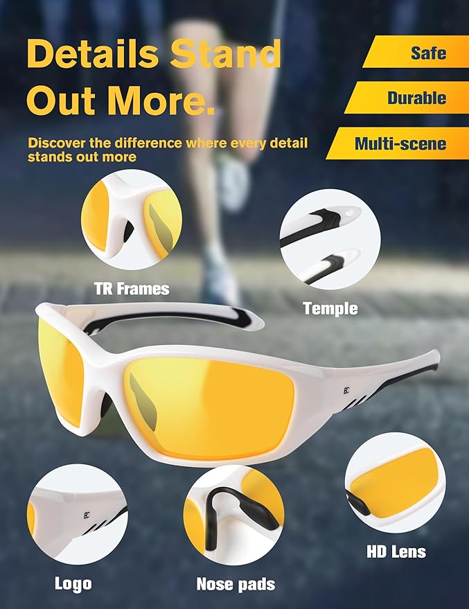 BIRCEN Night Vision Glasses for Driving: Running Cycling Sport Night Anti Glare Yellow Glasses for Men Women