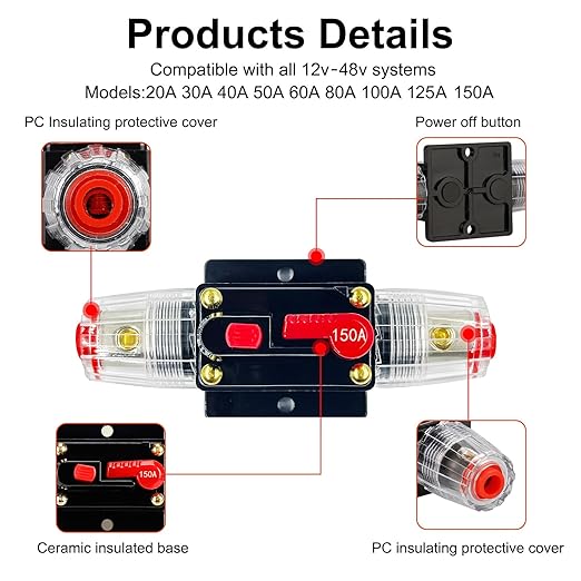 150 Amp Circuit Breaker with Manual Reset Switch Waterproof 12V-48V DC Resettable Fuse for Boat Trolling Motor Marine ATV Trailer Vehicles Stereo Audio Electronic Battery Solar System