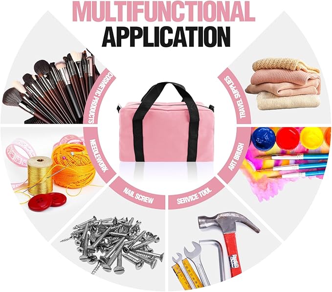 Small Tool Bag, Canvas Tool Storage Bag, Large Capacity Multipurpose Zipper Soft Tote Organizer Pouch for Electrician, Plumbing, Gardening,Tools Bags for Men (Pink, 14 Inch)