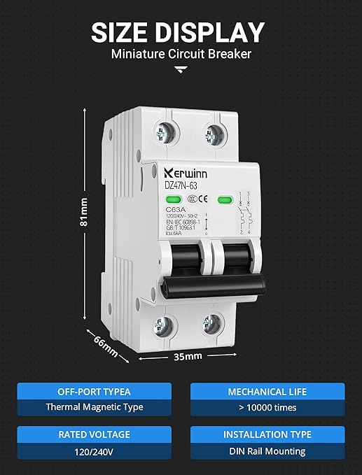 AC Miniature Circuit Breaker 2 Pole 10A (MCB),120V/240V 50/60Hz DIN Rail Mount Breaker, Compatible with Grid-Tied Solar Systems, RV & Home Circuits(C10A)