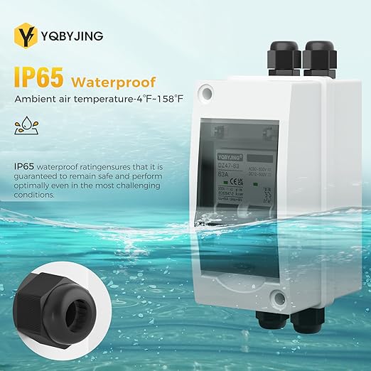 63 Amp DC Solar Panel Disconnect Switch 4 Holes AC Miniature Circuit Breaker Box 500V 2 Poles with IP65 Waterproof UV-Proof Box for Outdoor Solar PV Homes Battery