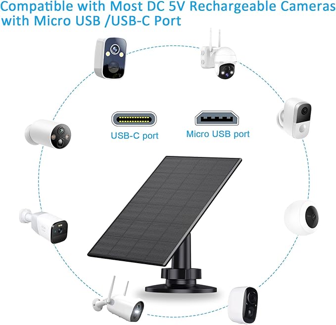 2W Solar Panel for Security Camera Outdoor, USB/USB-C Charger with IP65 Waterproof, 360° Adjustable Mount & 7.2ft Cable, Compatible with Rechargeable Battery Cameras (2 Pack, Black)