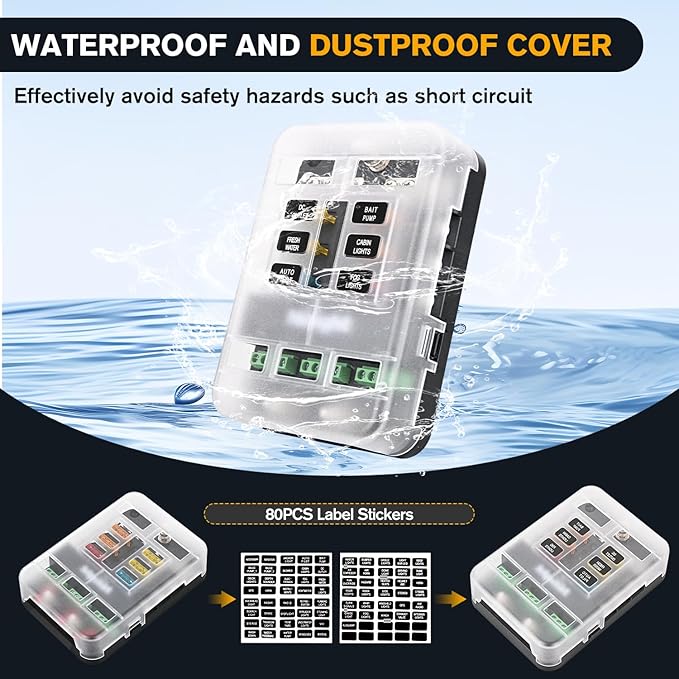 Nilight 6 Way Fuse Relay Block with Acc Control Negative Bus 12V Blade Holder ATC/ATO Box Label Stickers Waterproof Cover Panel for Automotive Cars Motorcycle RVs Vans