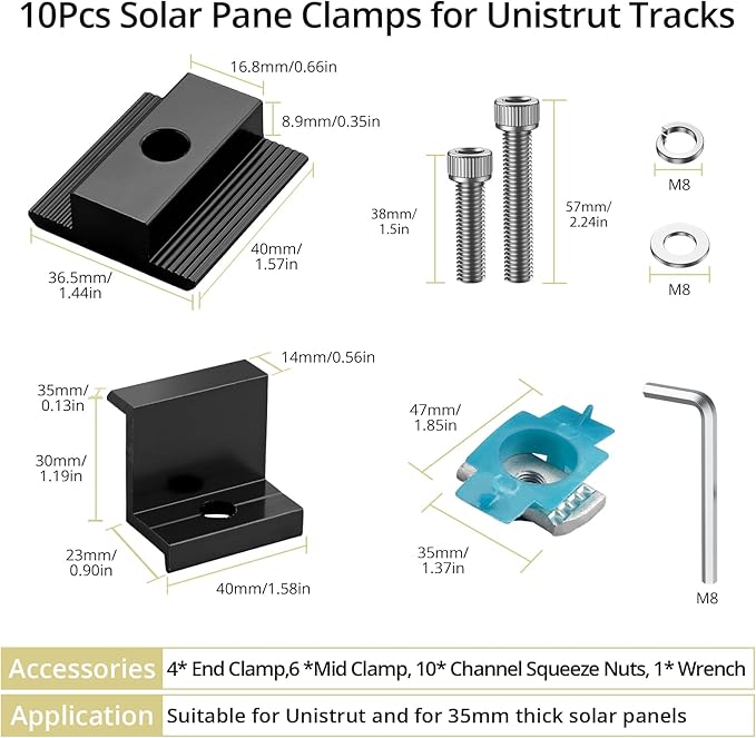 Anbte 10 PCS Solar Panel Mounting Brackets for Unistrut, Aluminium 35mm 6 x T-Shaped Mid Clamps + 4 x End Clamps, Solar Panel Mounting Kit for Metal, Tin, Flat, Sheet Roofs, RV, Black