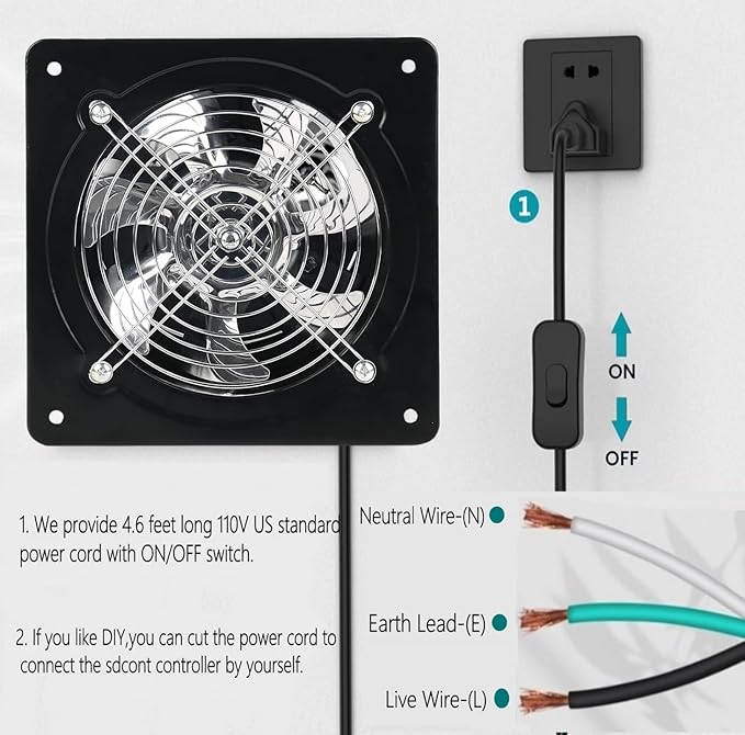 8 Inch Exhaust Fan Metal Ventilation Fan With Switch Window And Wall Mounted Extractor Warehouse Fan With Check Valve For Kitchen, Attic, Garage(Black)