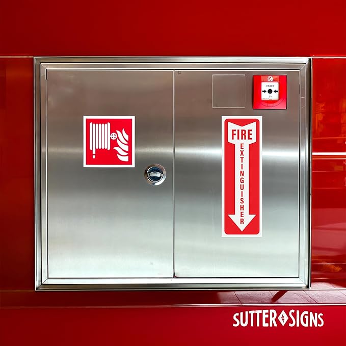 Fire Extinguisher Sign Stickers 12 Pack, 4" x 12" | Arrow Down Safety Decal Sticker Signs in Durable Self Adhesive Weatherproof Vinyl for use in Home, Office, Boat