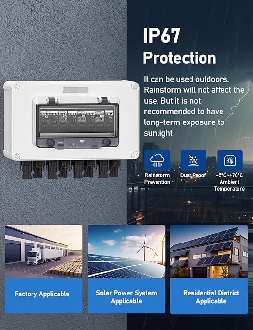 DIHOOL Solar Panel Disconnect Switch 4 String 30 Amp DC Circuit Breaker Box 4 in 4 Out Solar Combiner Box