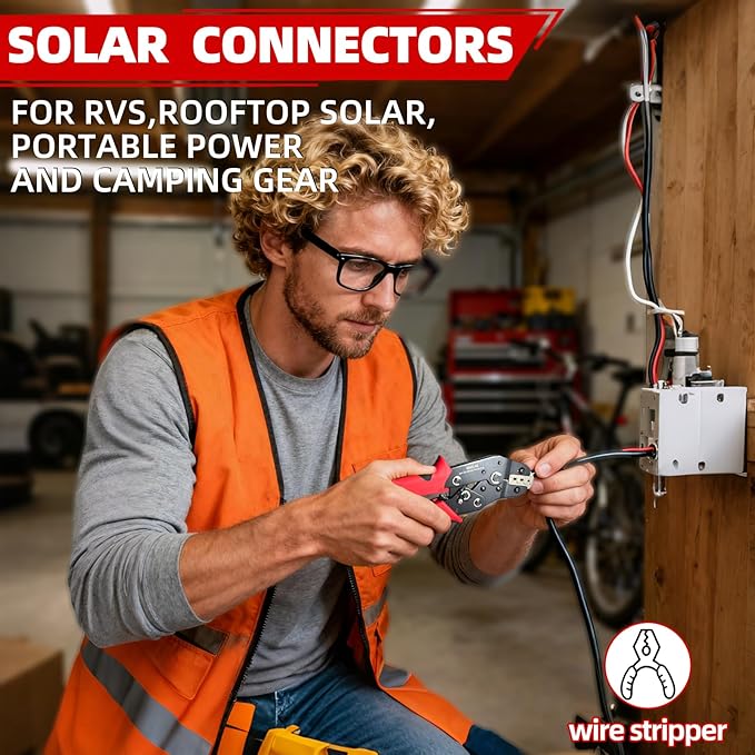 51 PCS Solar Crimper Tool Kit, Solar Panel Connector Crimping Tool with 24 Pairs Connectors,1 PCS Wire Crimper,2 PCS Multi-Functional Spanners Wrench for PV System Assembly and Installation