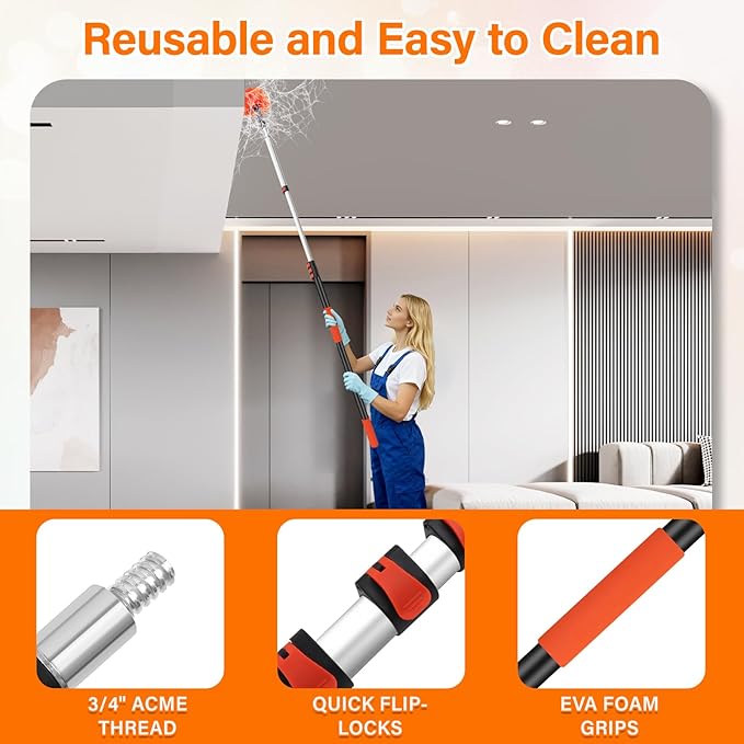 30FT High Reach Duster Cleaning Kit with 24FT Pole | 4-in-1 Tool Set with Universal Swivel Joint | High Ceiling Fan Cleaner, Microfiber Duster & Window Squeegee for Safe High-Reach Cleaning