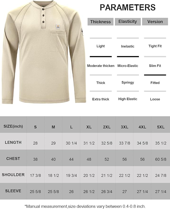FR Shirts for Men Light Weight Flame Resistant Henley Shirts Long Sleeve Shirts HRC2/CAT2 6.5oz 100% Cotton