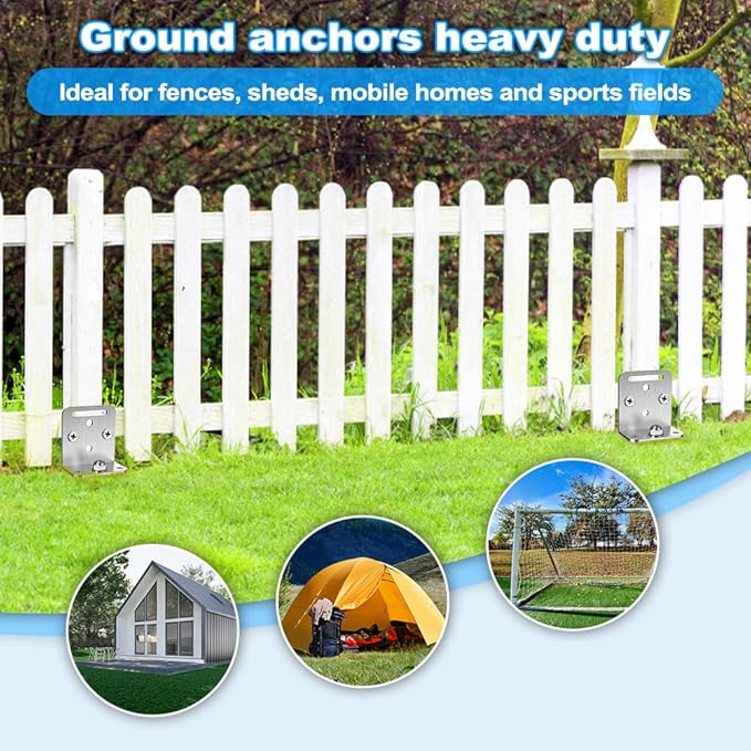 24'' Ground Anchors Screw in Heavy Duty Earth Anchor 10mm Solid Steel with L Bracket for Trampoline Mobile Home Swing Set Shed Carport Tent Stakes, 2" Helix Blade & Chrome Plated Finish, 6Pcs