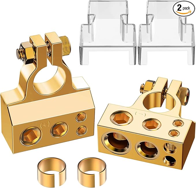 Battery Terminal Connectors, 0/4/8/10 Gauge AWG Battery Terminal, Positive Negative Battery Terminals, with 2 Clear Covers and Shims, Battery Connectors for Car, Marine, Truck, Motorcycle