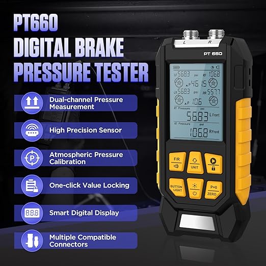Brake System Pressure Tester with 11 Adapters, 3 Units Switch, Magnetic Back, Smart Alarm Notification, Dual-Port Digital Brake Pressure Tester, 10-21000Kpa, PT660