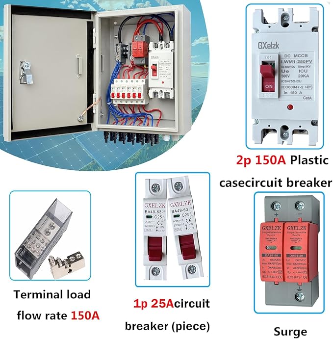 Solar Combiner Box 6 Strings 150A DC Main Circuit Breaker with Power Surge and 25A Circuit Breaker This PV Combiner Box is Suitable for On/Off-Grid Solar Power
