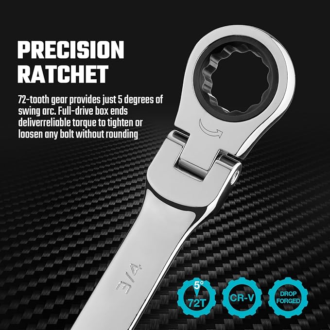 DURATECH 9-Piece Flex-Head Ratcheting Wrench Set, Combination Wrench Sets, 72 Tooth, SAE, 5/16'' to 3/4'', CR-V Steel, Mirror Polished Chrome Plated with Rolling Pouch