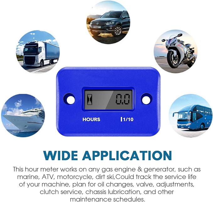 2 Pieces Inductive Hour Meter for Gas Engine Lawn Mower Dirt Bike Motorcycle Motocross Snowmobile Karting Marine ATV Boat Outboard Motor Generator Waterproof Hour Meters (Blue)