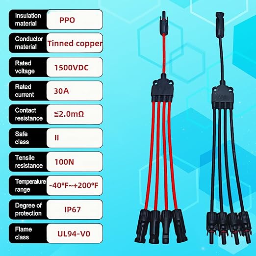 1 Pair Solar Y connectors 1 to 4-Turn Waterproof Parallel Solar connectors, 12AWG tinned Copper Solar Panel Cable Plug connectors (M/FFFF and F/MMMM)