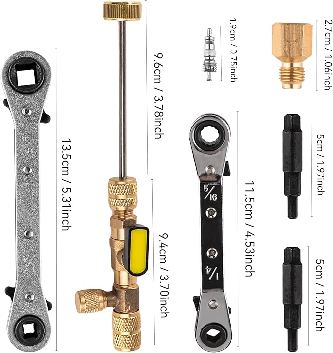 Valve Core Remover Installer Tool and HVAC Service Wrench Set with Hex Bit Adapters, Dual Size SAE 1/4 to 5/16 Port, 5/16'', 3/8'' Refrigeration Service Wrench, 10 Valve Core